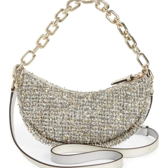 Kate Spade Smile Crossbody Bag Small Silver Metallic Tweed Chain Strap Org Pkg - Picture 1 of 13